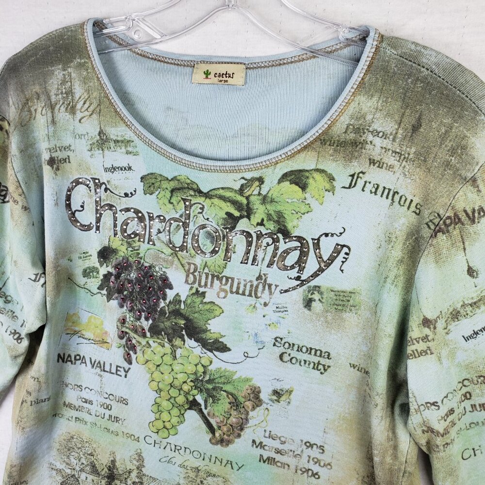 Vintage Y2K Cactus Top Tee Shirt Chardonnay Wine Print Bedazzled Bling size L - Picture 3 of 9